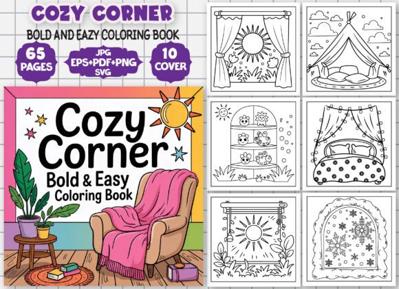 Cozy Corner Coloring Book Graphics for Small Business Branding