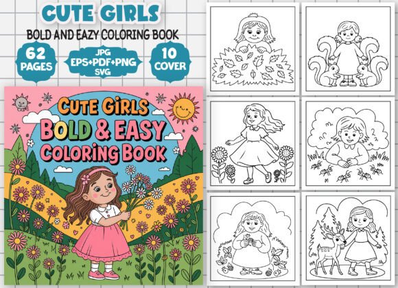 Cute Girls Bold and Easy Coloring Book Graphics for Digital Sellers