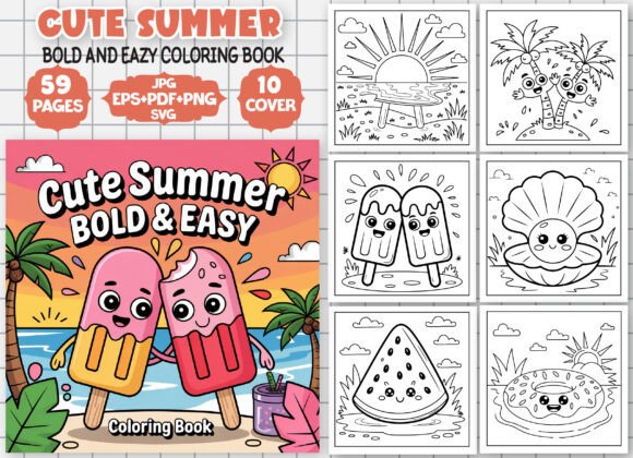 Cute Summer Bold and Easy Coloring Book Graphics for Creative Projects
