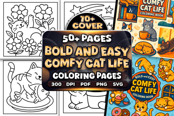 Easy Comfy Cat Life Graphics for Coloring Pages