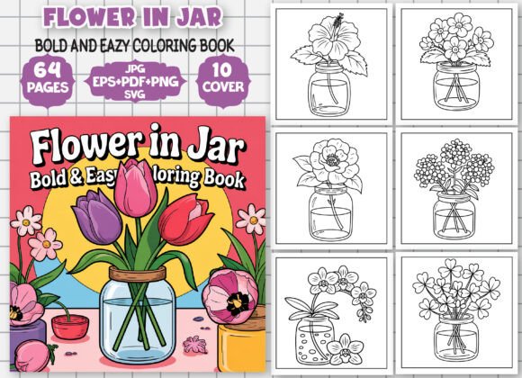 Flower in Jar Bold Easy Coloring Book
